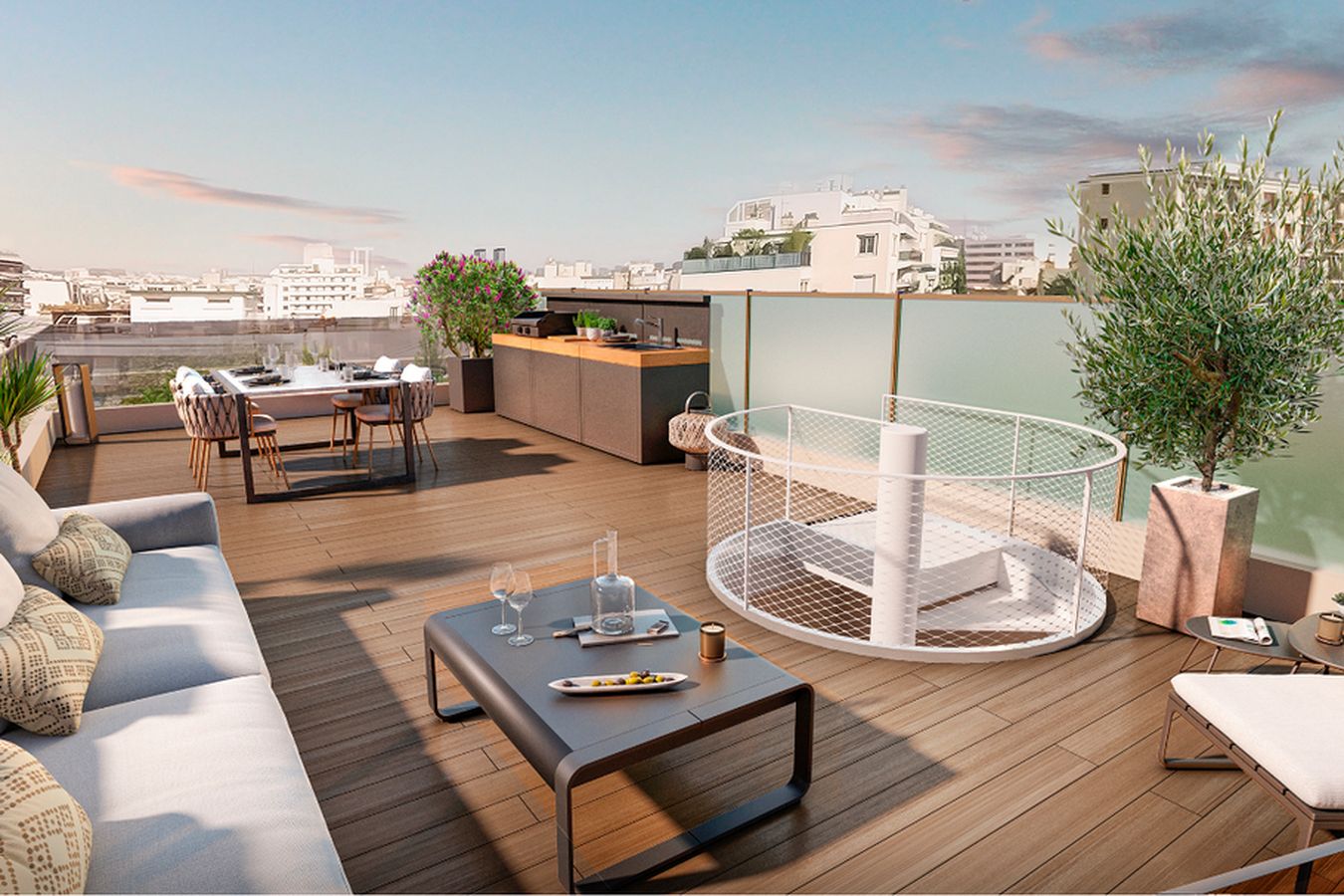Roof terrace with wood decking, outdoor kitchenette and panoramic city rooftops