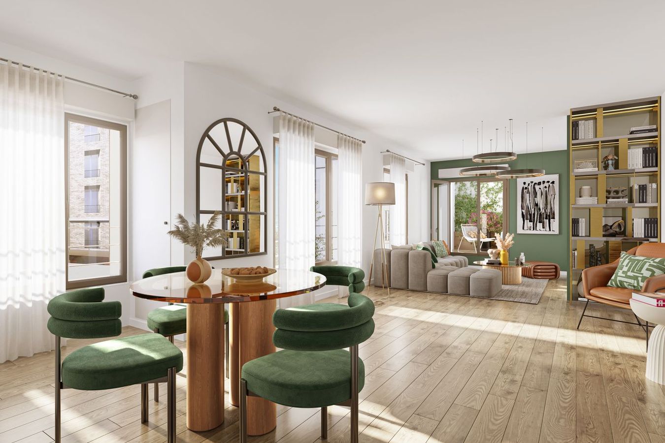 Living and dining area with oak floors and French doors opening to an outdoor terrace