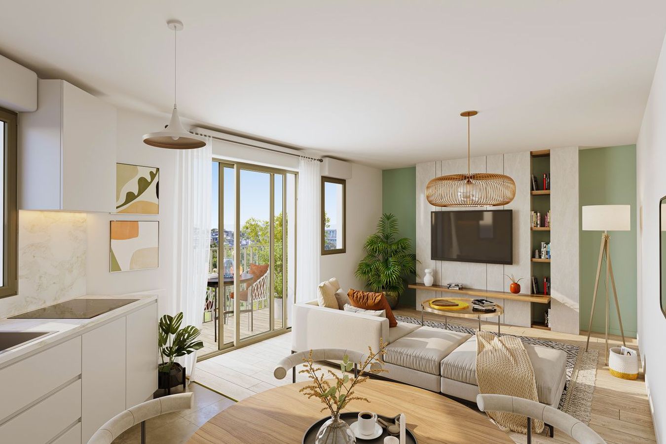 Bright living room with light wood floors and sliding doors onto a balcony among trees